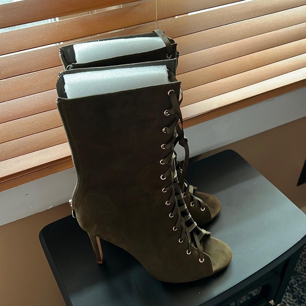 Olive Peep toe booties.